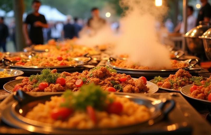 Lush buffet spread at an outdoor event featuring a variety of Malaysian dishes