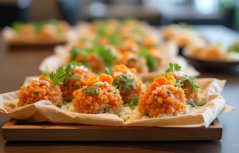 Professional catering setup for a corporate lunch meeting, with neatly arranged food trays