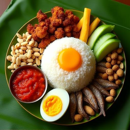 Beautifully presented Nasi Lemak platter with condiments
