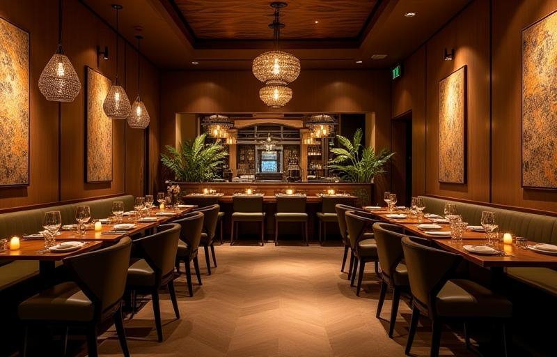 Inviting interior of Rasa Sayang Eatery restaurant with warm lighting and traditional decor
