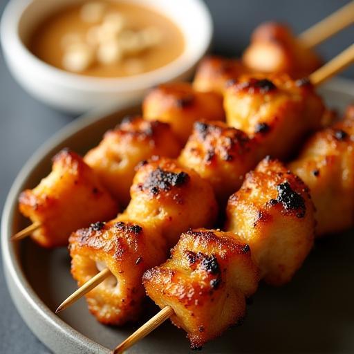 Grilled Chicken Satay skewers with chunky peanut sauce